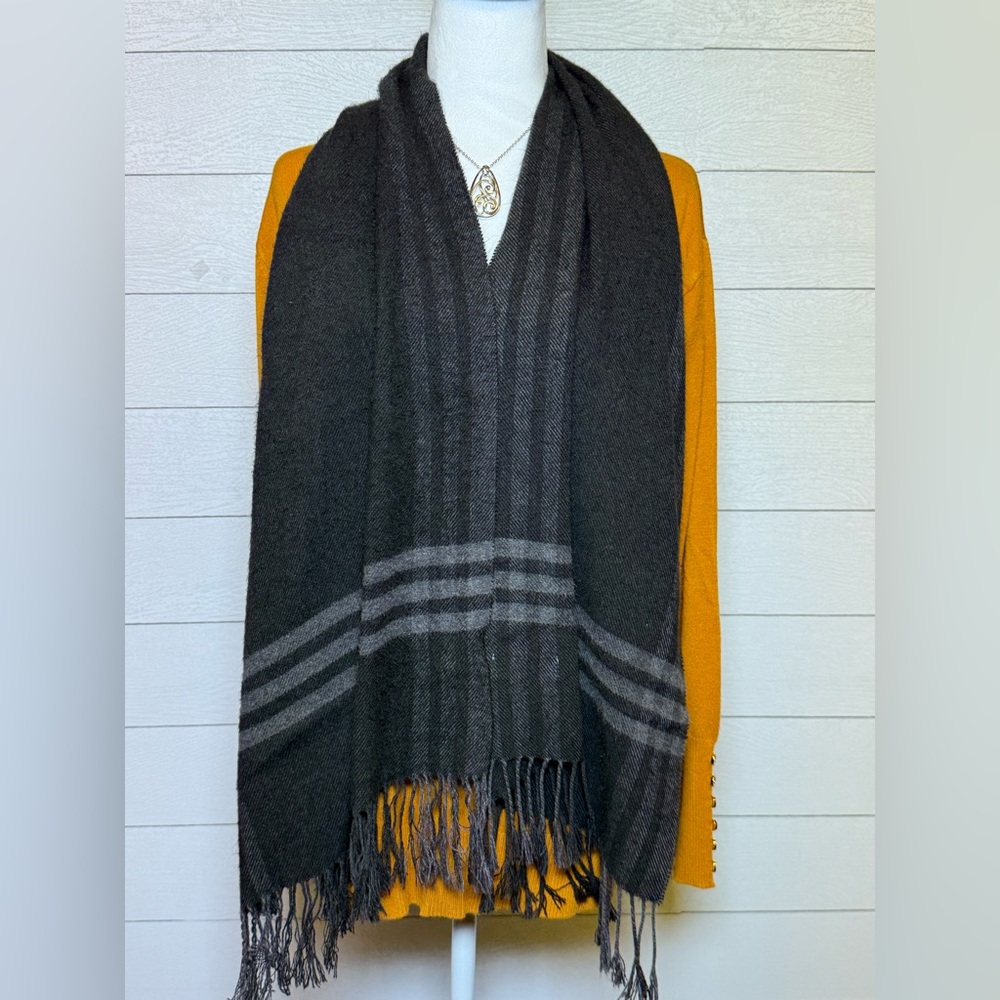 L’ Accessorio Black and Gray Striped Acrylic Scarf